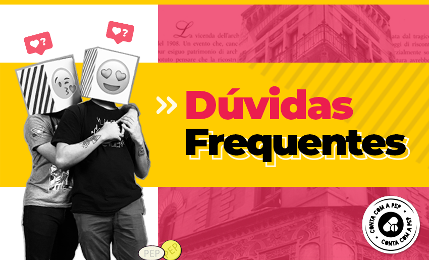 PraCegoVer: banner com fundo rosa, branco e tarja amarela ao centro, com o texto Dúvidas Frequentes. Ao lado direito há uma foto em preto e branco de dois homens abraçados, com emojis em seus rostos. 
